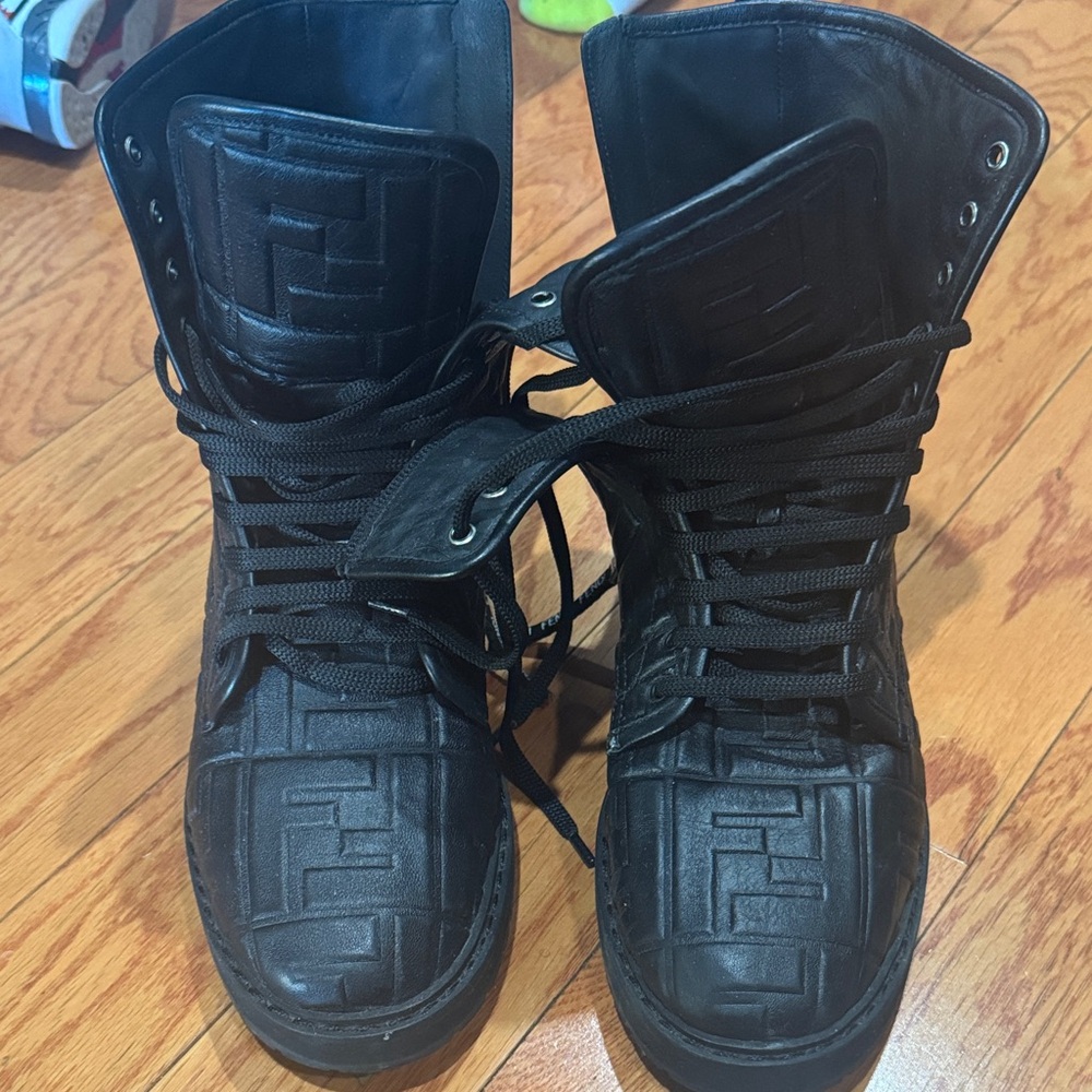 Fendi Black Embossed Leather Combat Boots